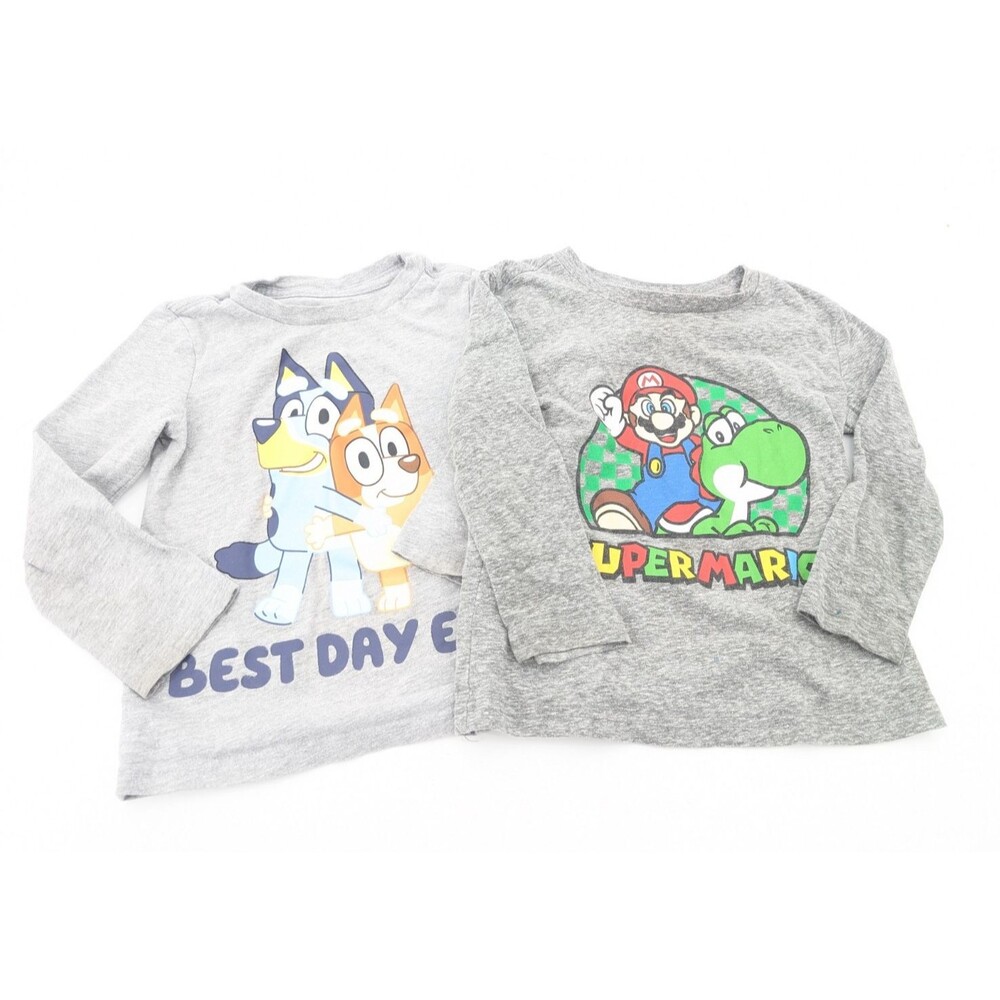 Toddler Gray Bluey Bingo Mario Character Long Sleeve T-Shirt Lot of 2 Size 3T
